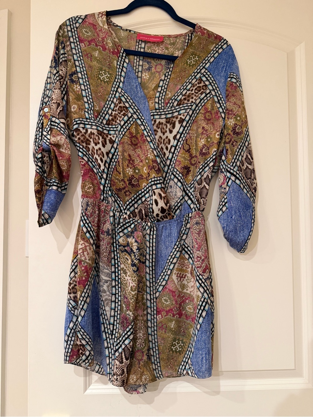 Printed V-Neck Long Sleeve romper in Blue, Olive & Brown